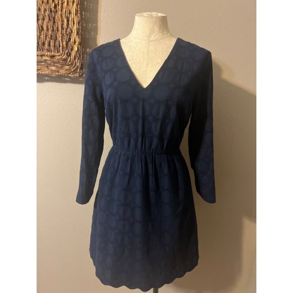 J Crew Dress Navy Blue 10 Cotton 3/4 Long Sleeve  A Line - Picture 5 of 10